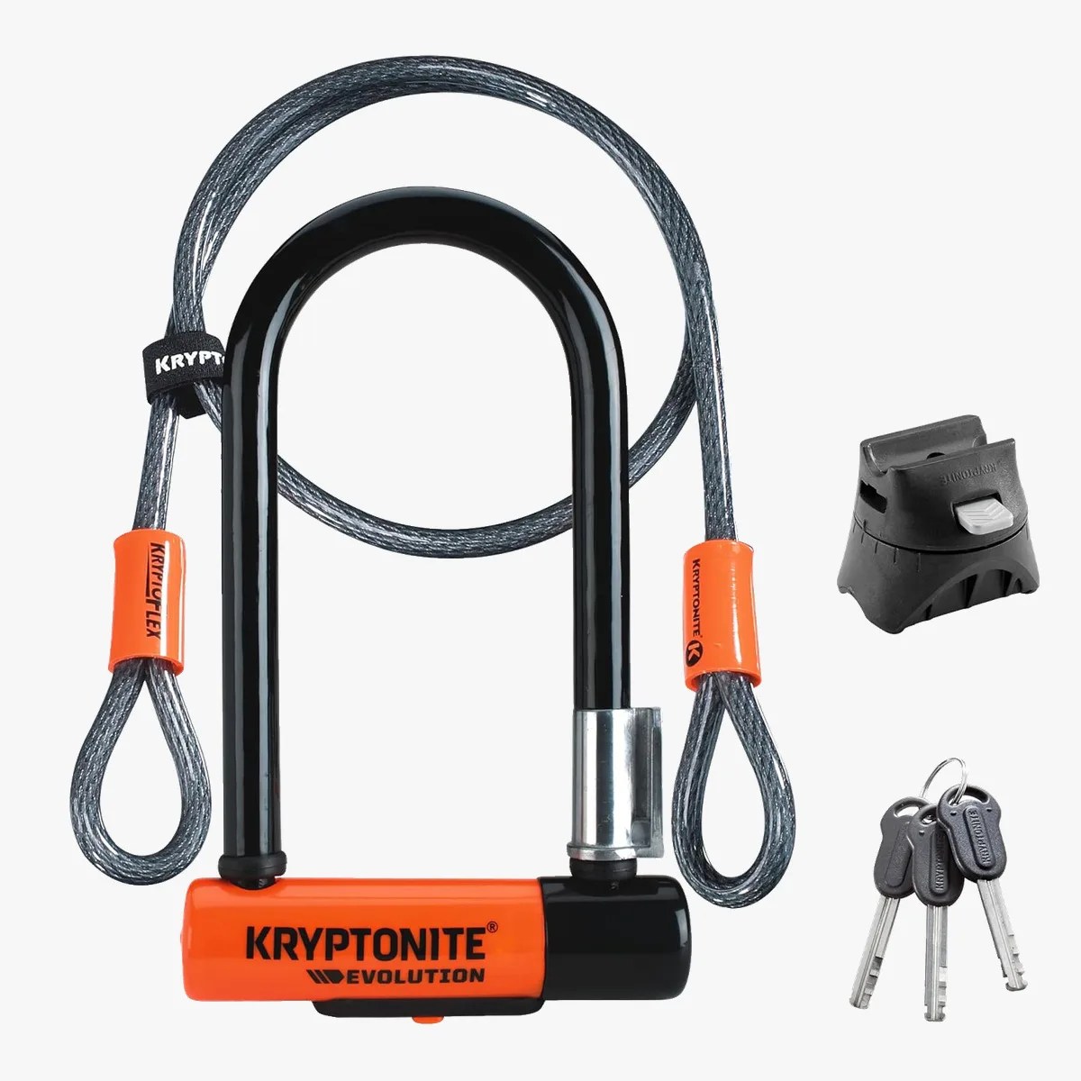U-lock bike lock with black and orange body, coiled steel cable with orange sleeves, black mounting bracket, and three keys.