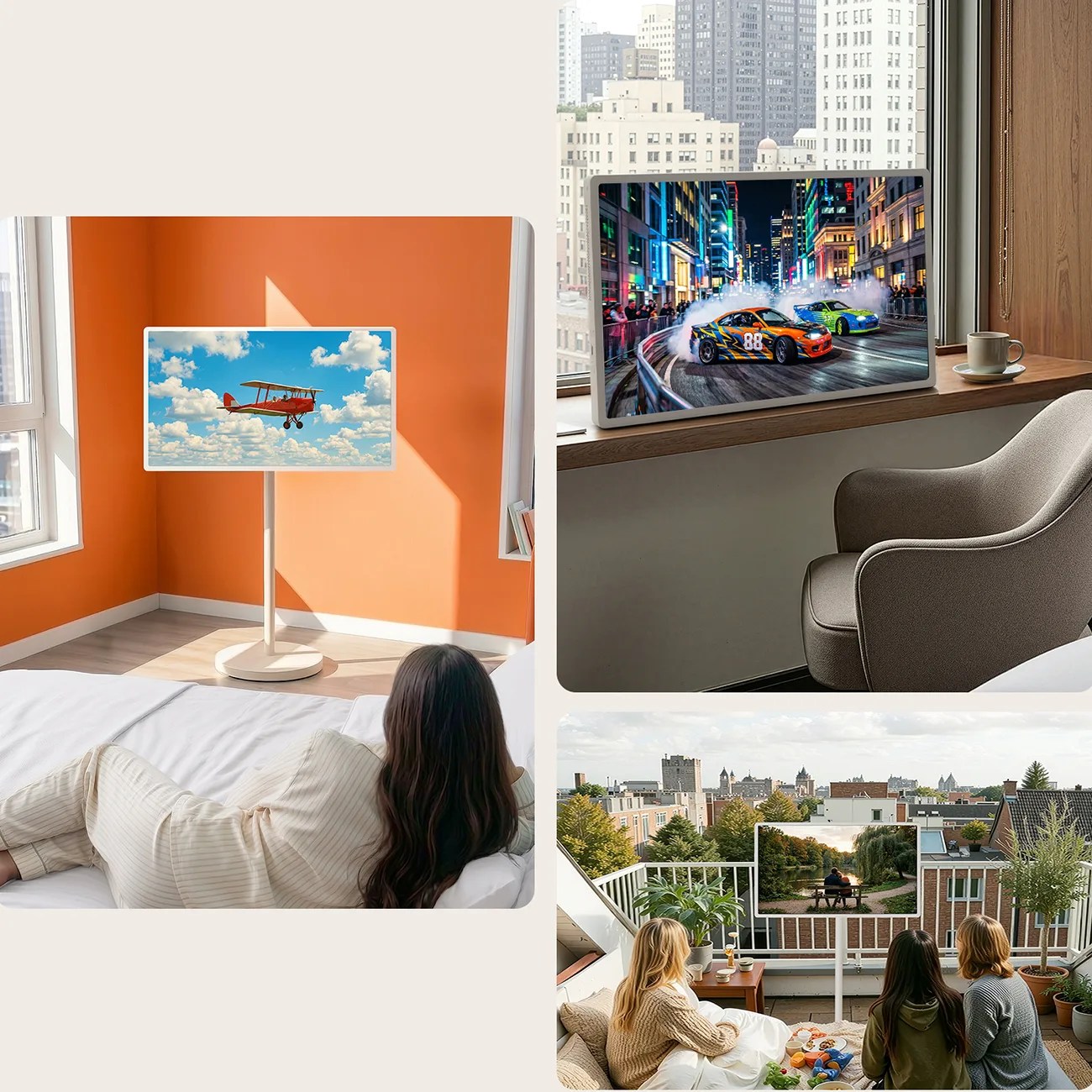Three scenes showing a slim, modern TV: on a white stand in an orange room, on a windowsill with a city view, and on a balcony with three people watching.