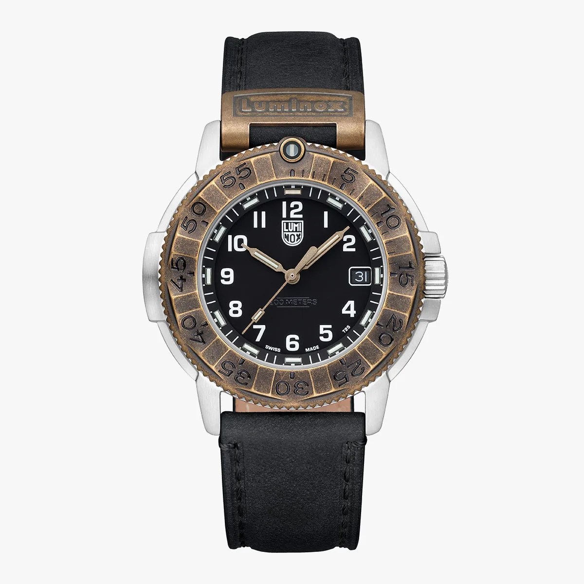 Black dial wristwatch with bronze bezel, silver case, and black leather strap with Luminox logo.