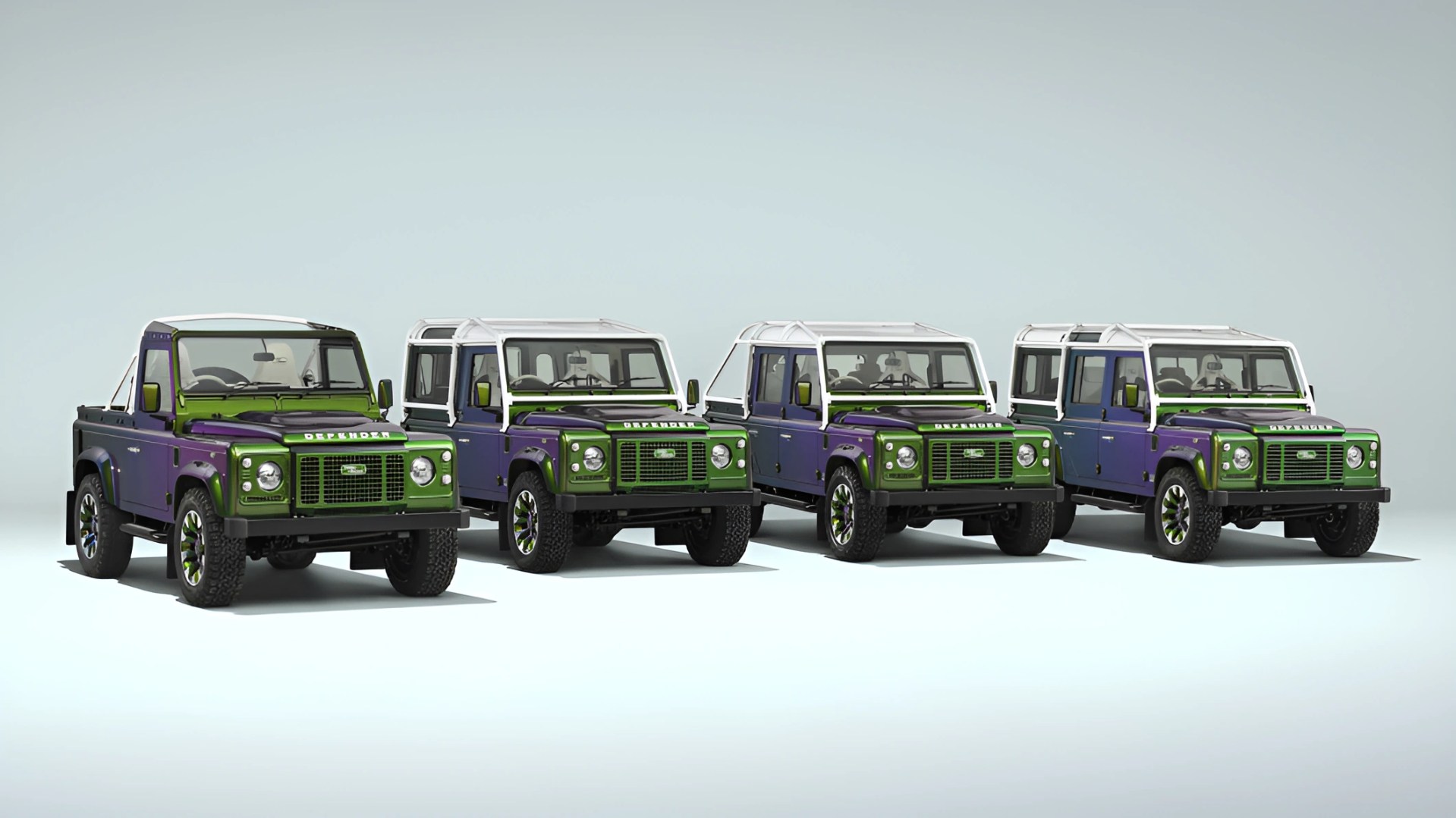 Four green and purple Land Rover Defender SUVs with white roof frames lined up on a white surface.
