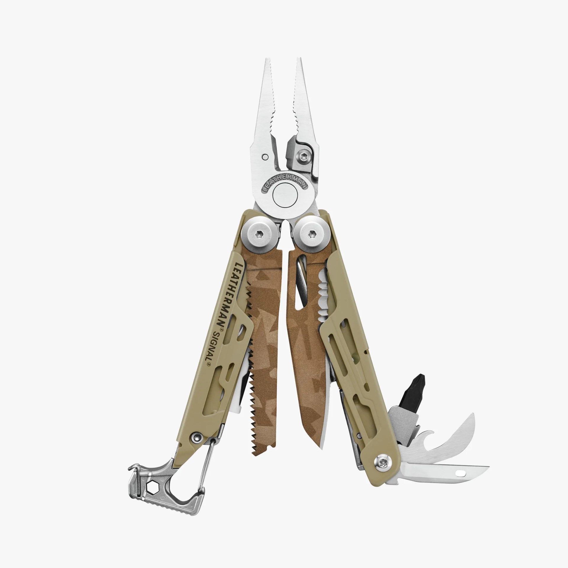 Multi-tool with tan handles, serrated and straight blades, pliers, and various fold-out tools.