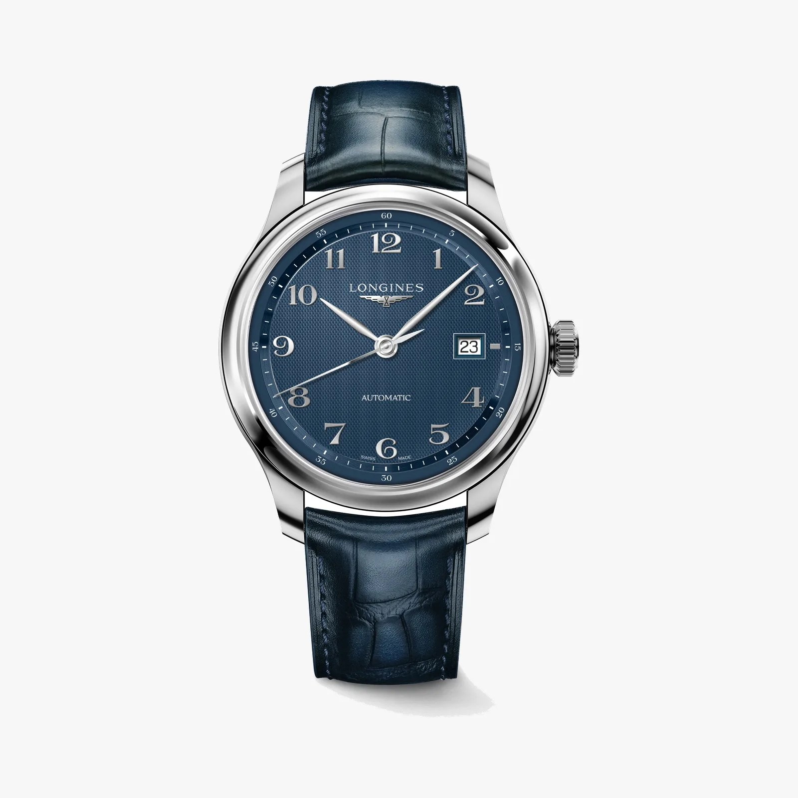 Silver Longines wristwatch with blue textured dial, Arabic numerals, date window, and dark blue leather strap.