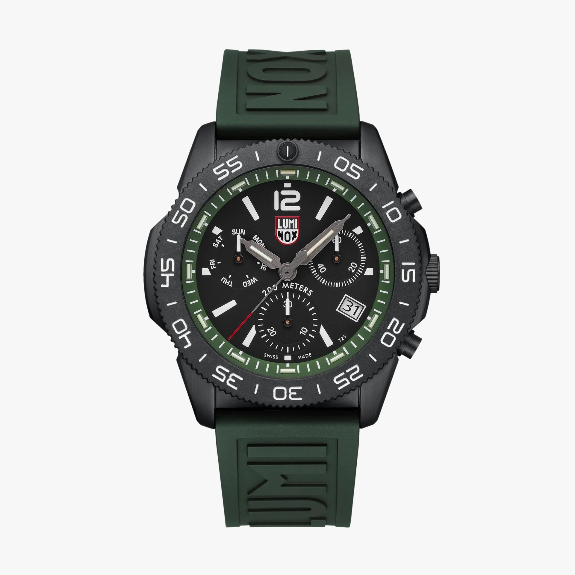 Black and green Luminox wristwatch with chronograph dials and green rubber strap embossed with "LUMINOX".