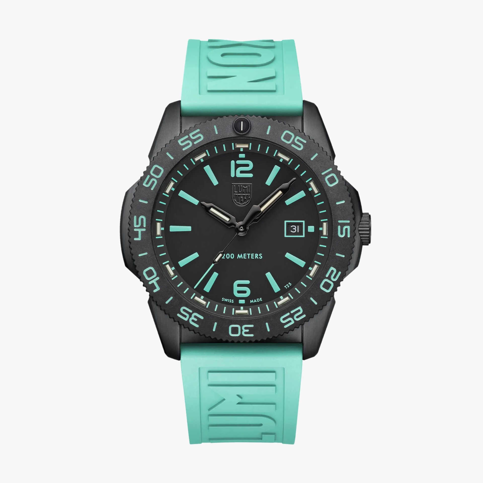 Black watch face with turquoise markers and hands, date window, and turquoise rubber strap embossed with "LUMINOX".