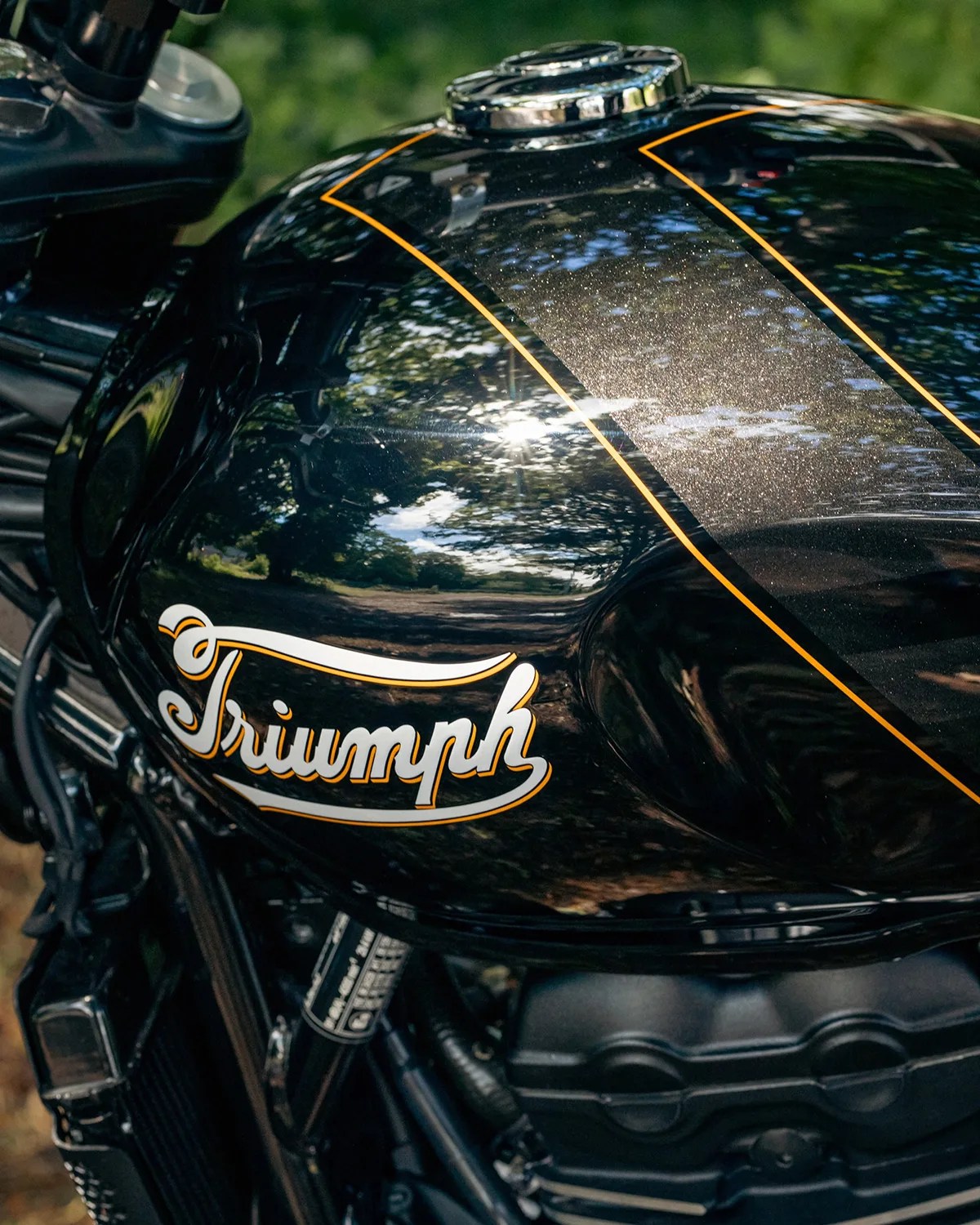 Glossy black motorcycle fuel tank with orange pinstriping and white "Triumph" logo.