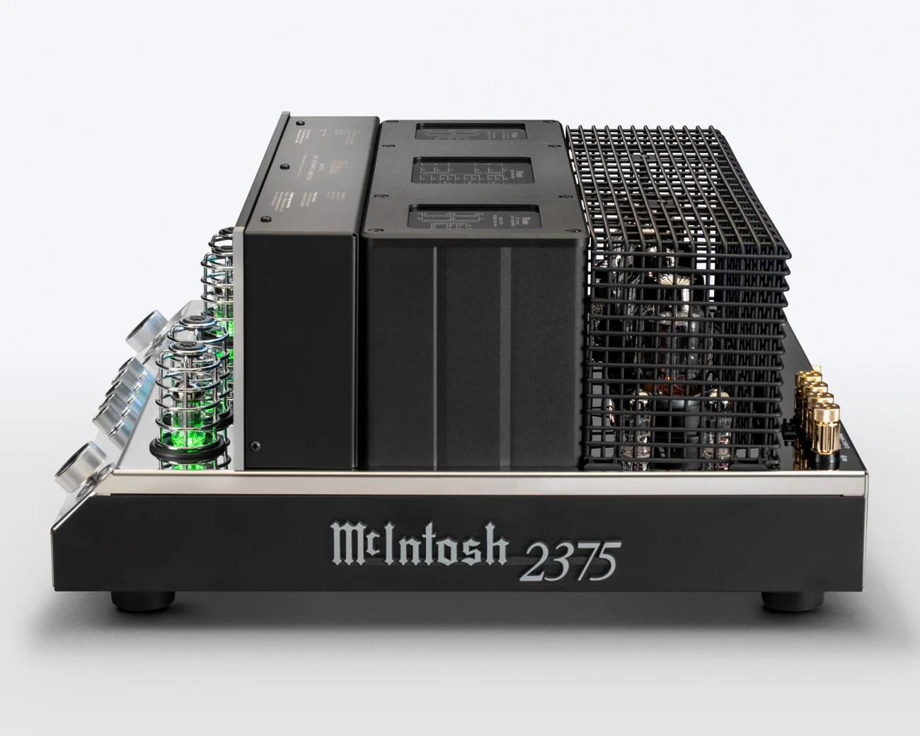 Black McIntosh 2375 tube amplifier with metal protective cage and gold connectors on a white background.