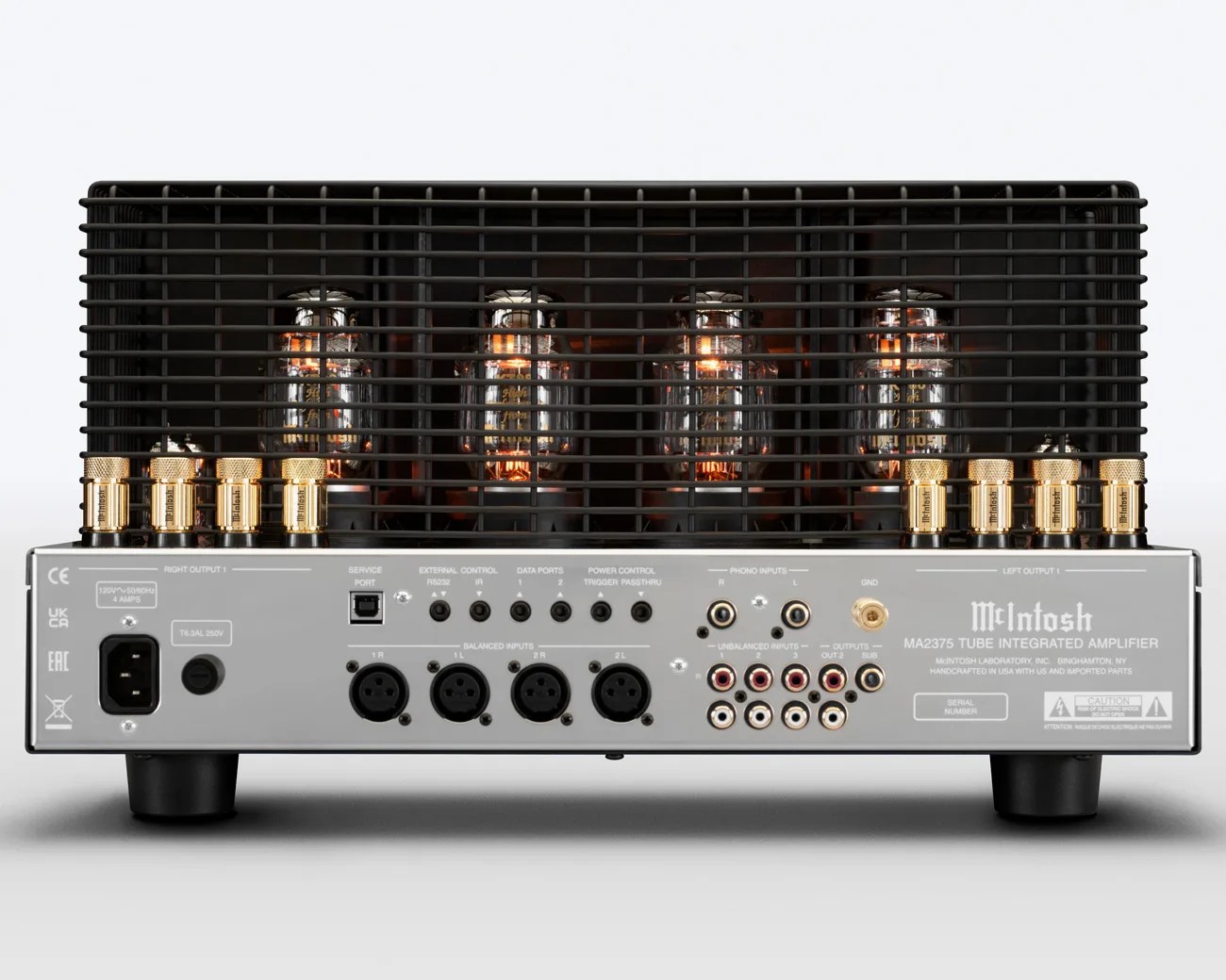 Rear view of a McIntosh MA2375 tube integrated amplifier showing multiple gold-plated audio input/output connectors and glowing tubes behind a black metal grille.