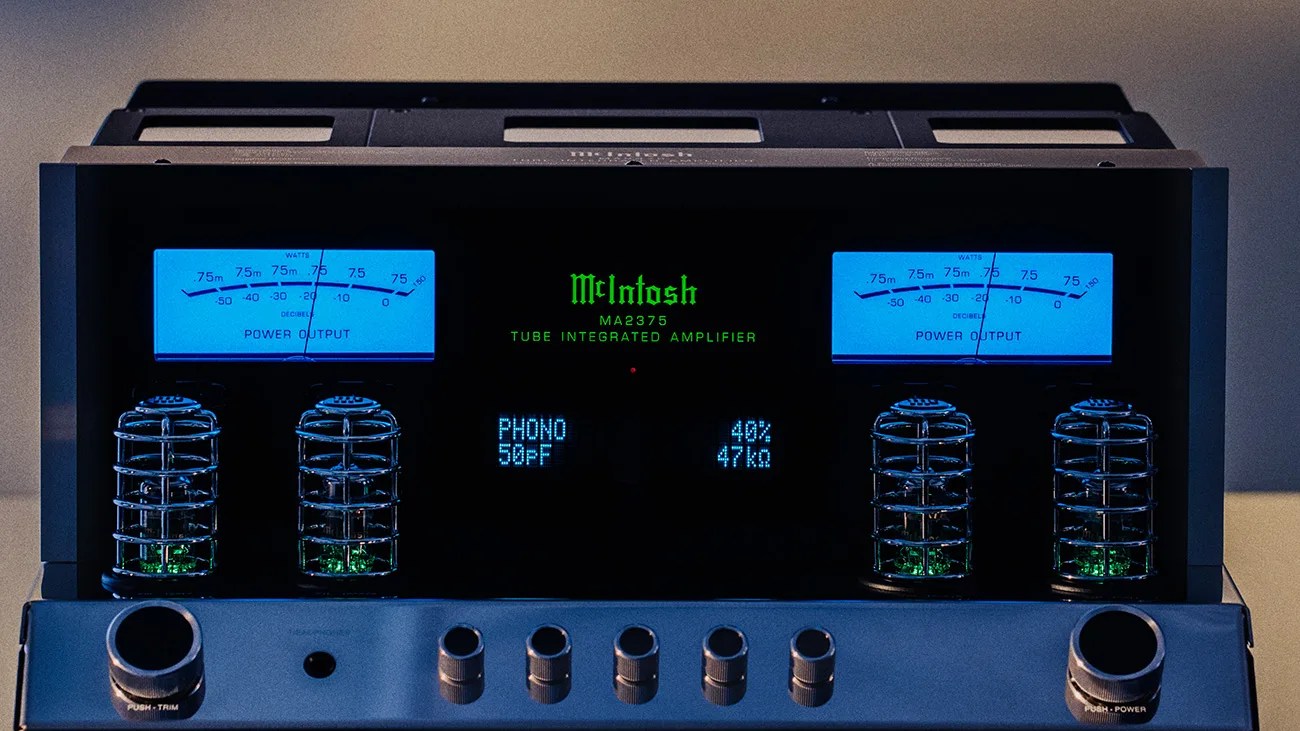 McIntosh MA2375 tube integrated amplifier with blue-lit power output meters and control knobs.