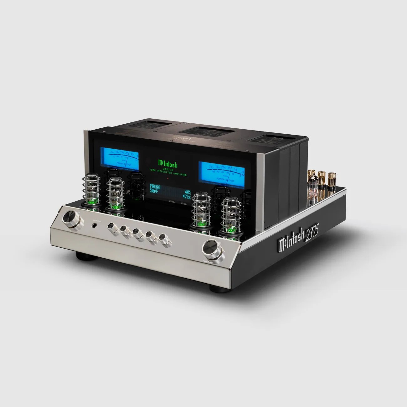 McIntosh MA2375 tube integrated amplifier with blue-lit meters and silver control knobs on a black and silver chassis.