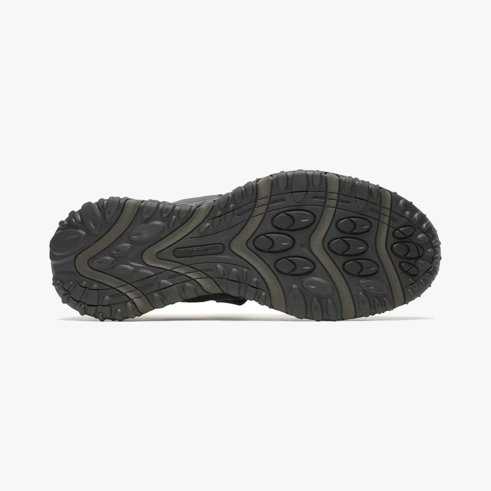 Black and dark gray Merrell shoe sole with textured tread pattern.