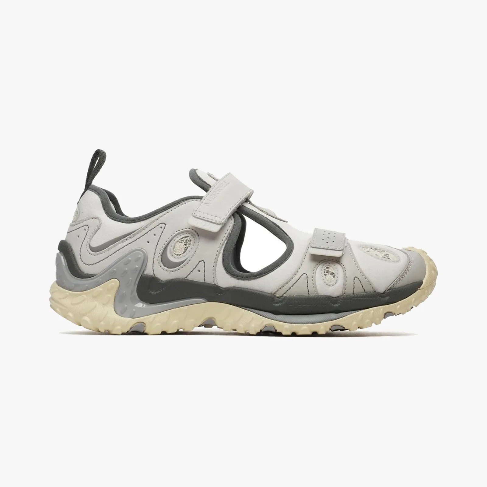 Light gray and beige athletic sandal with black and gray accents and hook-and-loop straps.