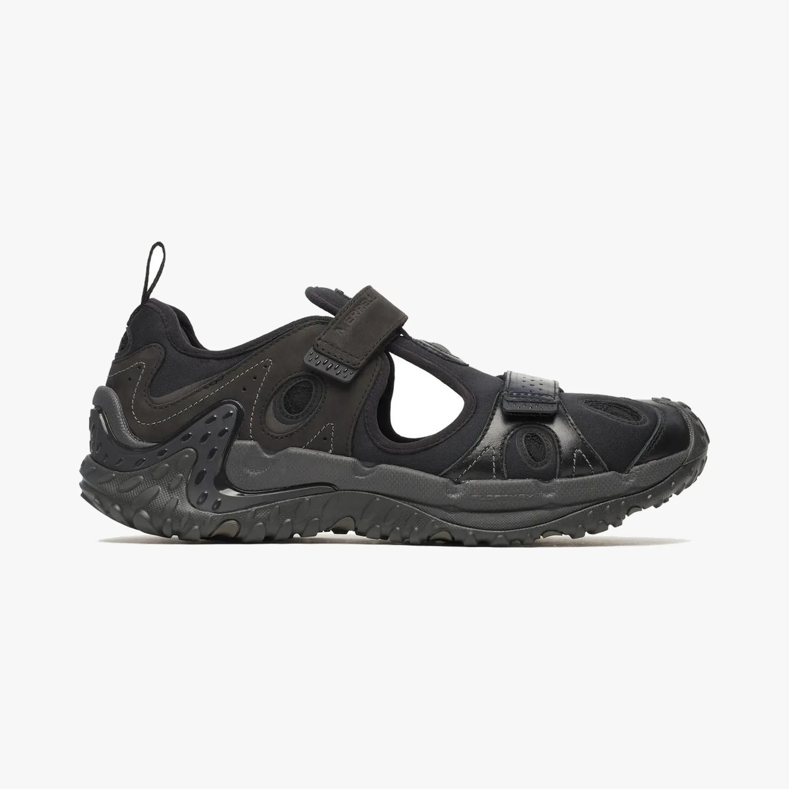 Black Merrell hiking sandal with cutouts, adjustable straps, and textured sole.