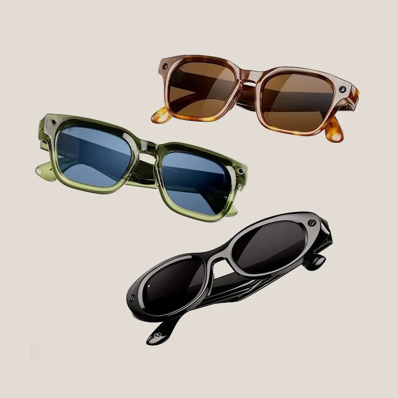 Three pairs of sunglasses with thick frames in brown, green, and black colors on a beige background.