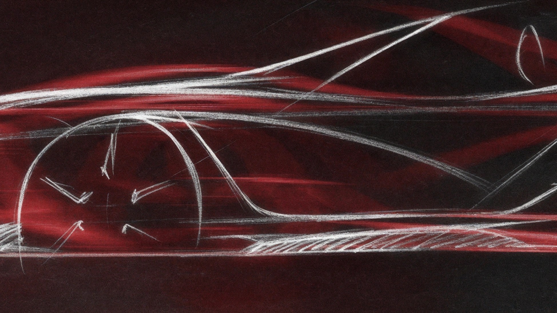 Side profile sketch of a sleek sports car with white lines on a dark red background.