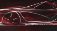 Side profile sketch of a sleek sports car with white lines on a dark red background.