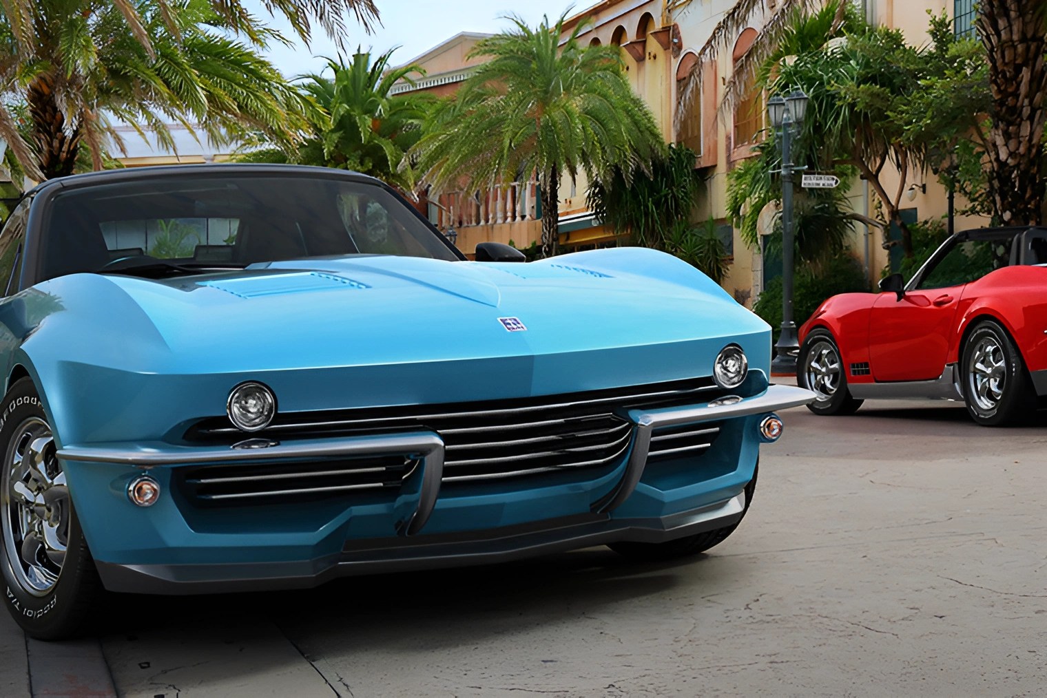 Blue classic convertible sports car with chrome bumper and round headlights parked on a street with palm trees.