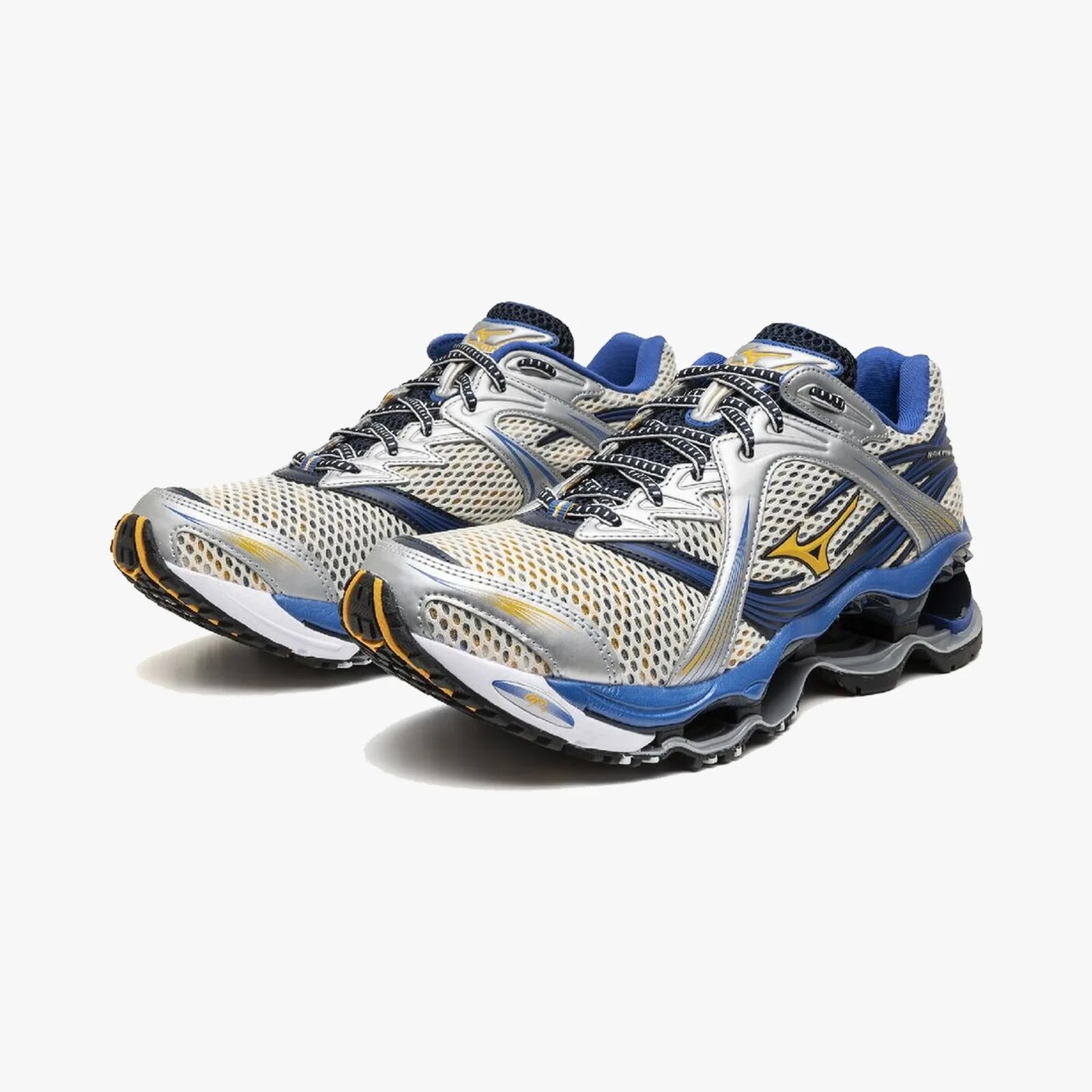 Pair of silver and blue Mizuno running shoes with mesh upper and black soles.
