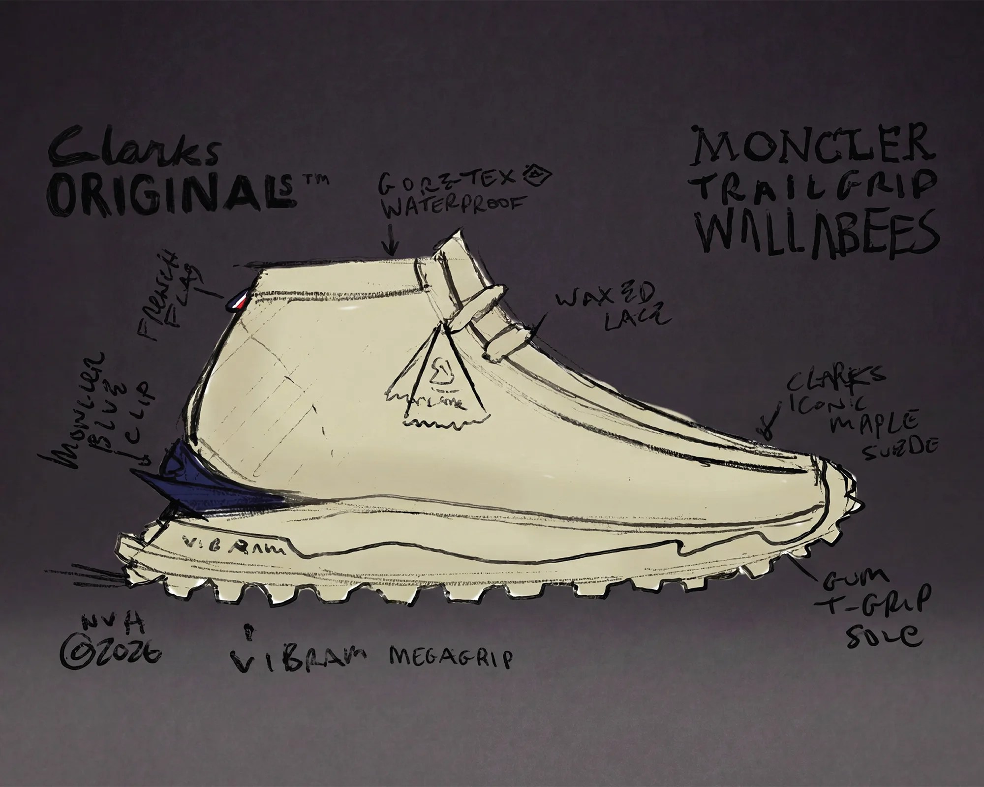 Sketch of a beige Clarks Originals Moncler Trail Grip Wallabees shoe with annotations highlighting Gore-Tex waterproof, waxed laces, maple suede, Vibram Megagrip sole, and gum T-grip sole.