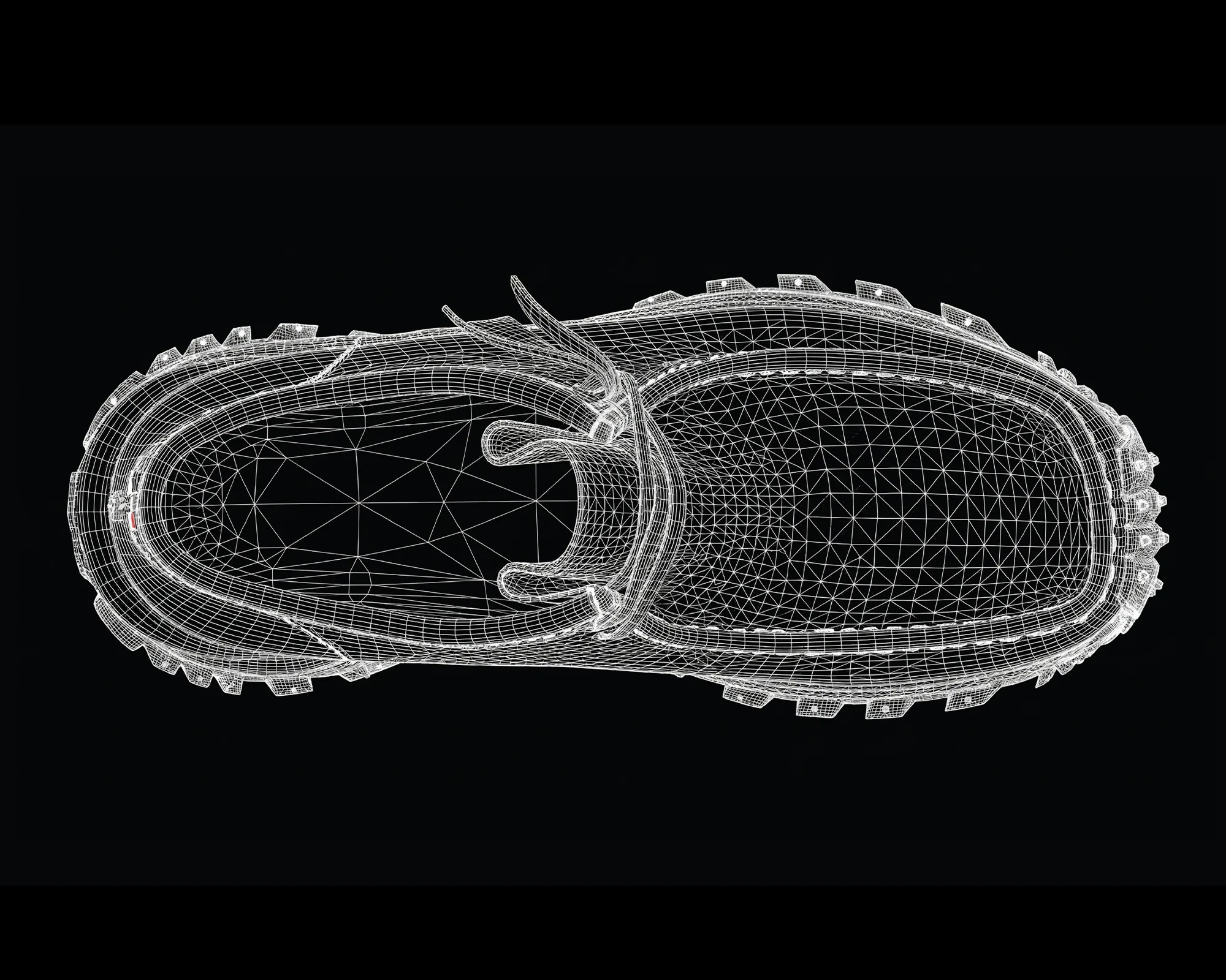 Wireframe top view of a pair of shoes with detailed laces and rugged soles on a black background.