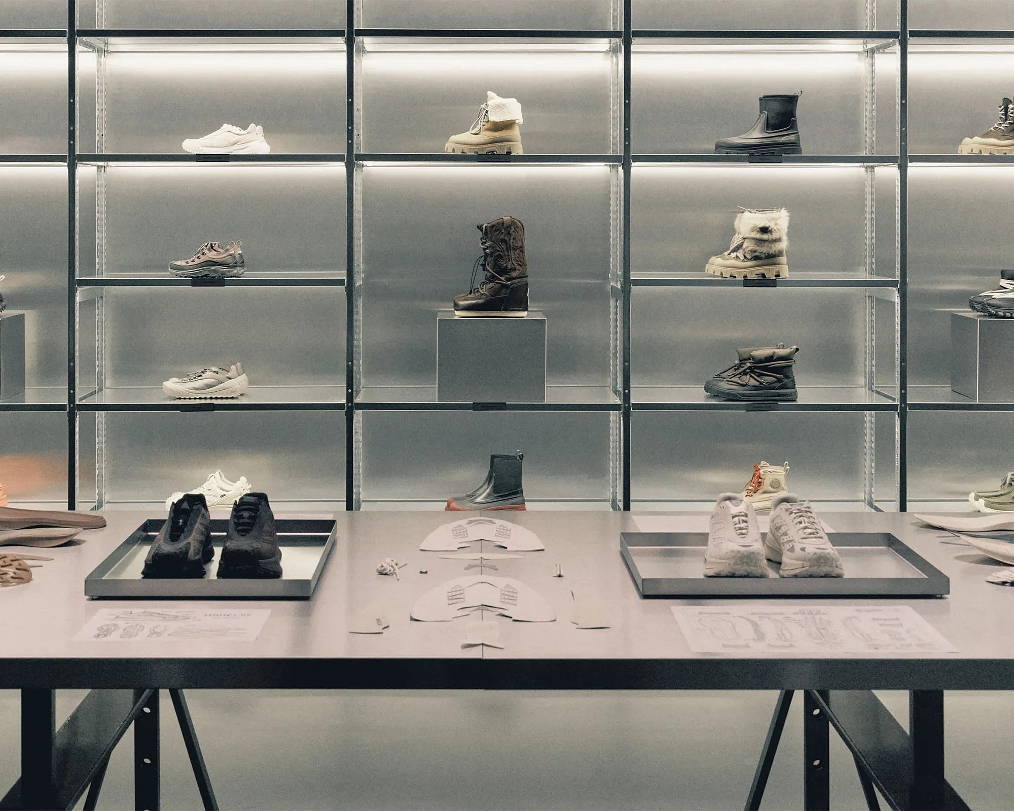 Metal shelving unit with various styles of boots and sneakers displayed under soft lighting.