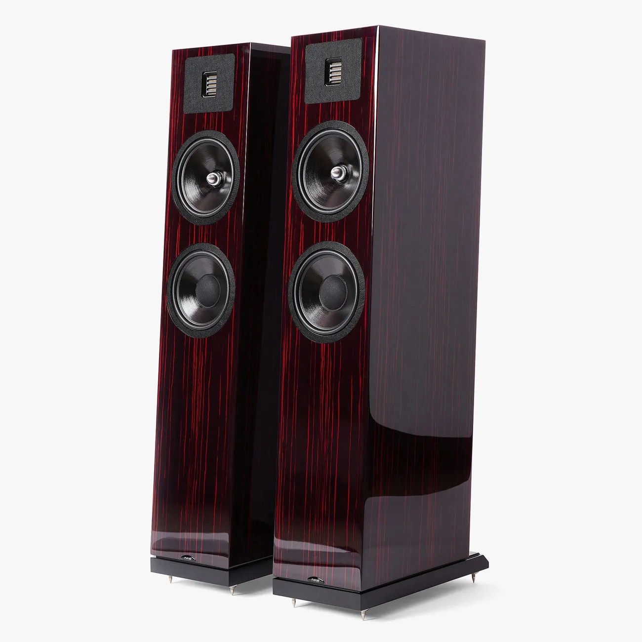 Pair of tall, glossy dark wood floor-standing speakers with two black drivers and a rectangular tweeter on each.