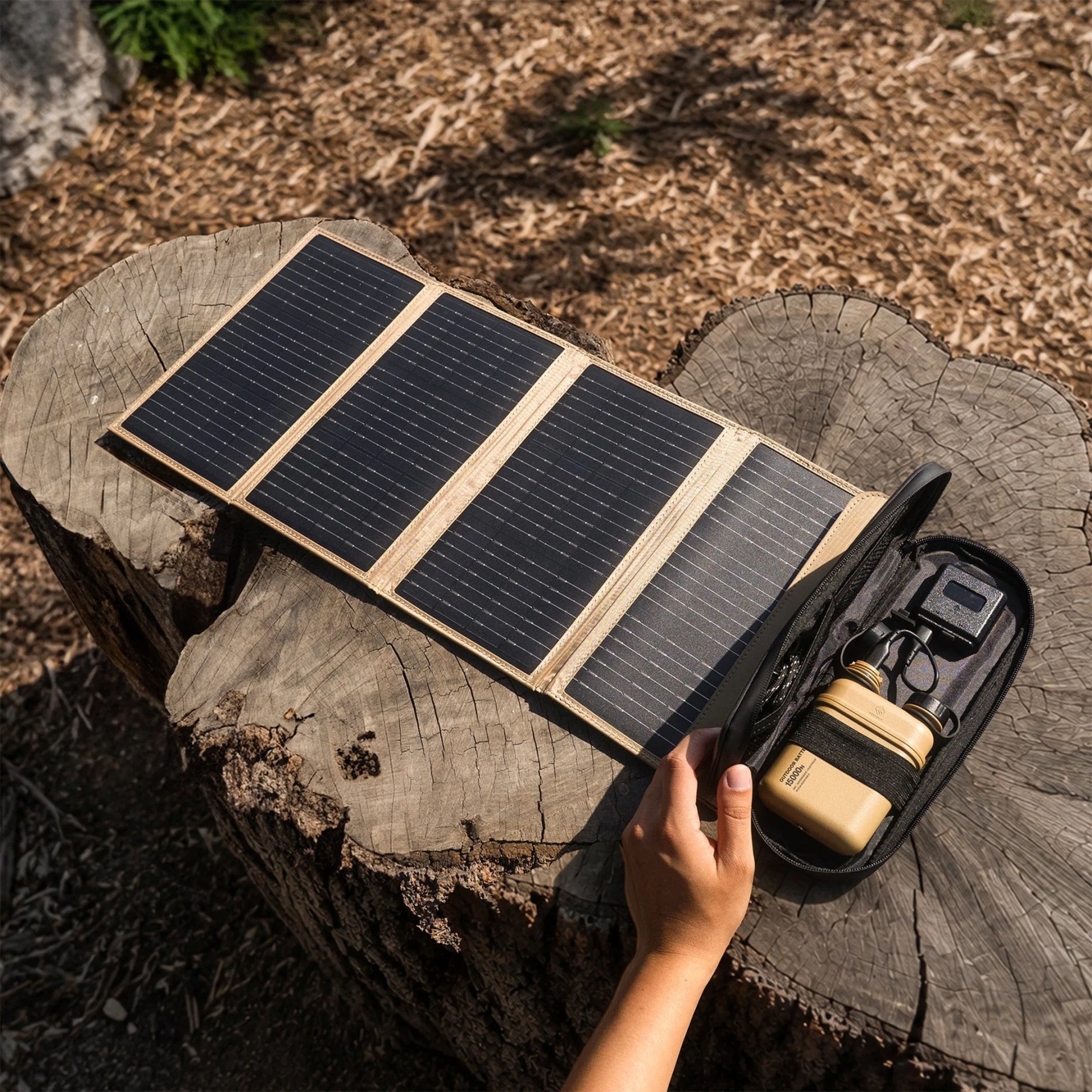 Folded black solar panels with beige trim on a tree stump next to a hand holding a beige portable battery pack in a black case.