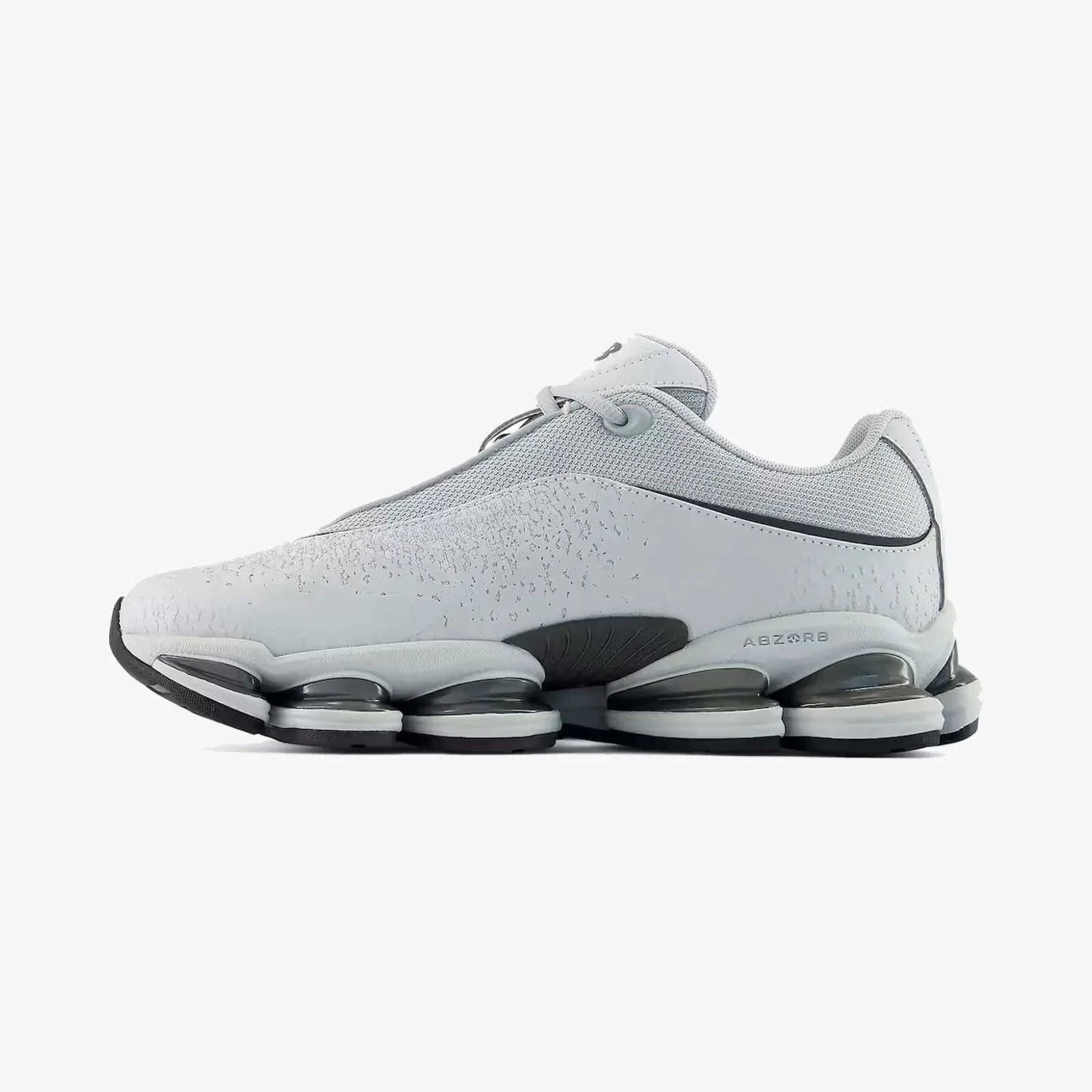 White and gray athletic sneaker with mesh upper and segmented cushioned sole labeled "ABZORB.
