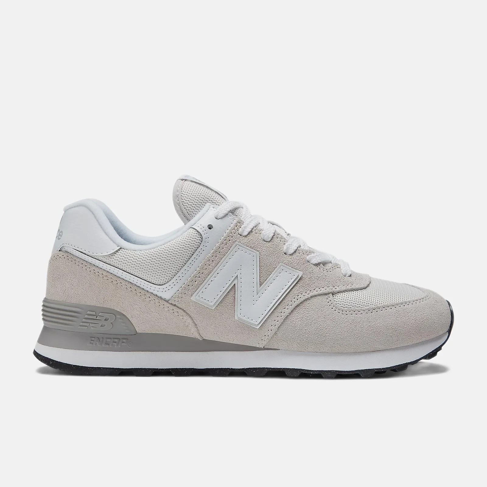 Light gray New Balance sneaker with suede and mesh upper, white laces, and gray ENCAP midsole.