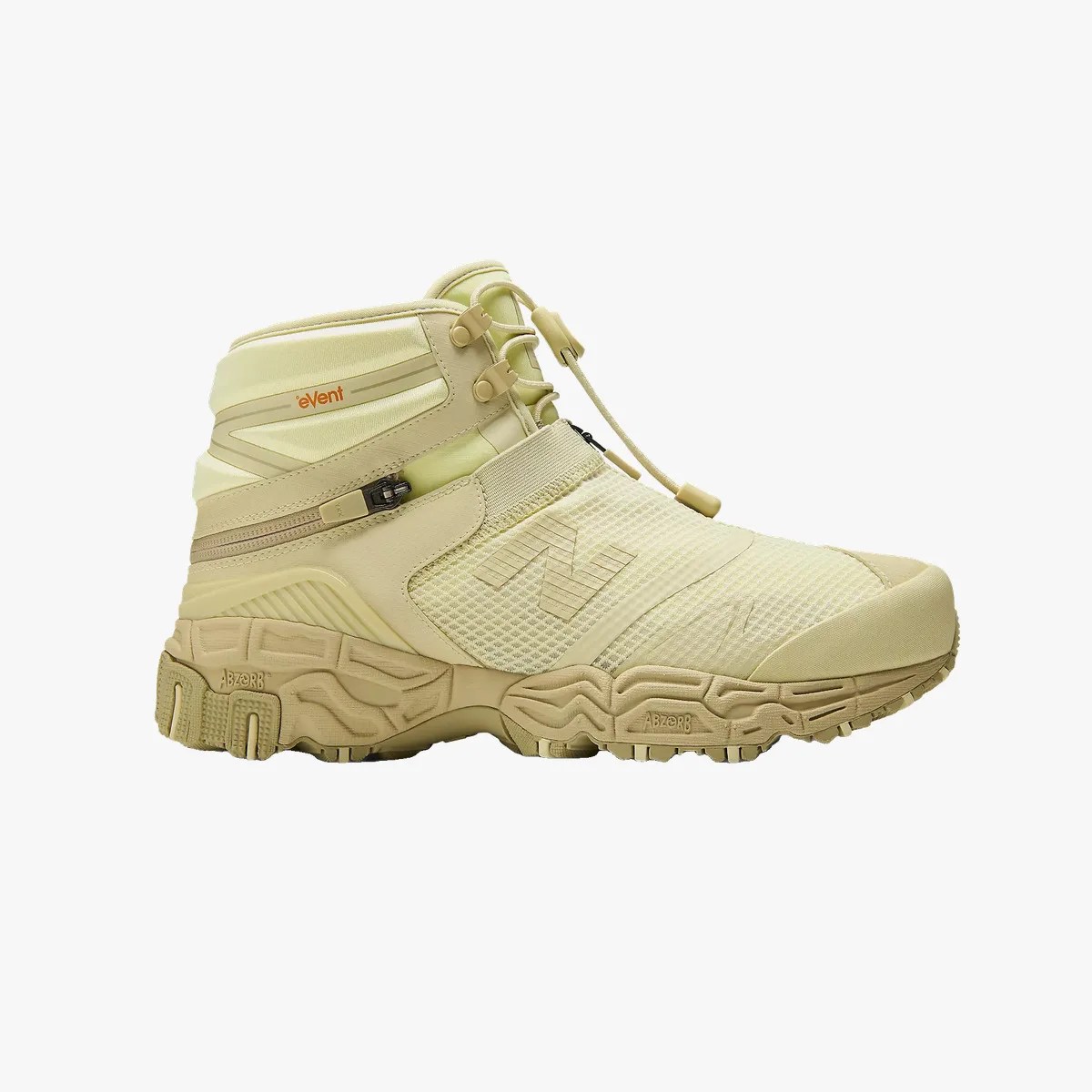 Beige high-top sneaker with textured fabric, zipper detail, and thick patterned sole.