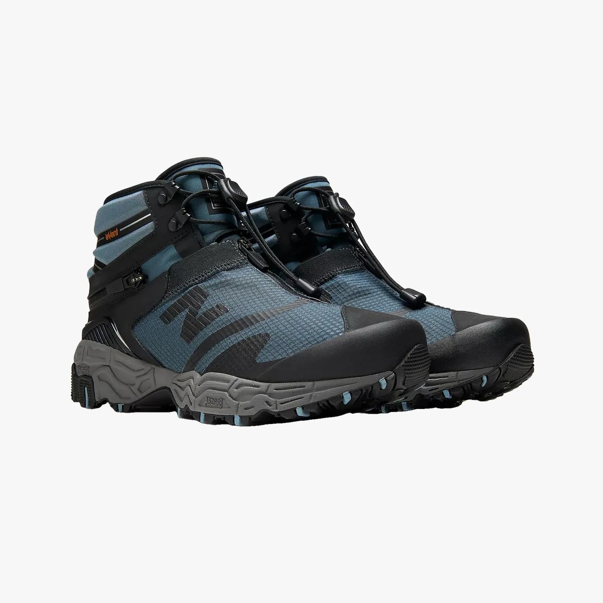 Pair of blue and black New Balance hiking boots with gray rugged soles and quick-lace system.