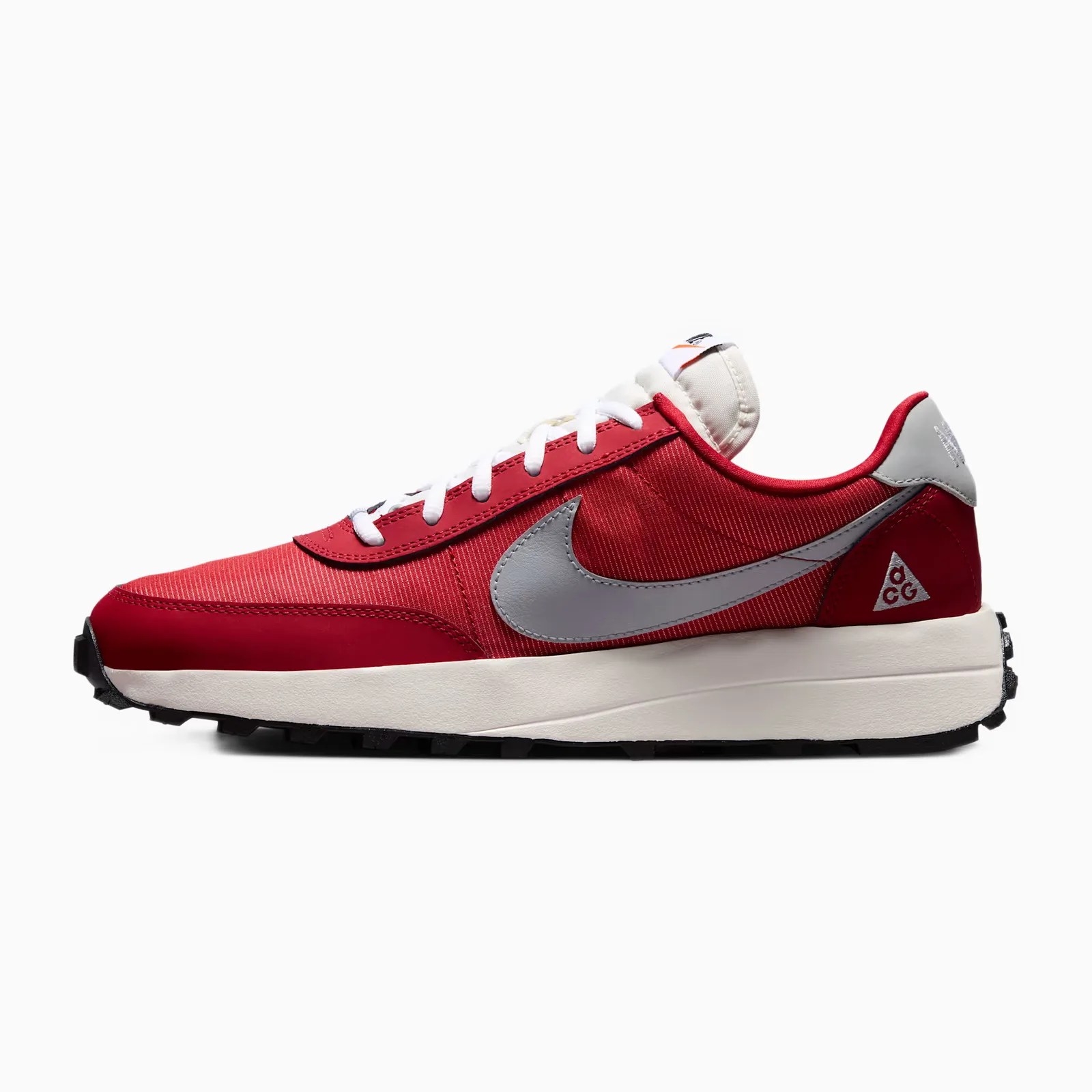 Red Nike ACG sneaker with white laces, gray swoosh, and white midsole on a white background.