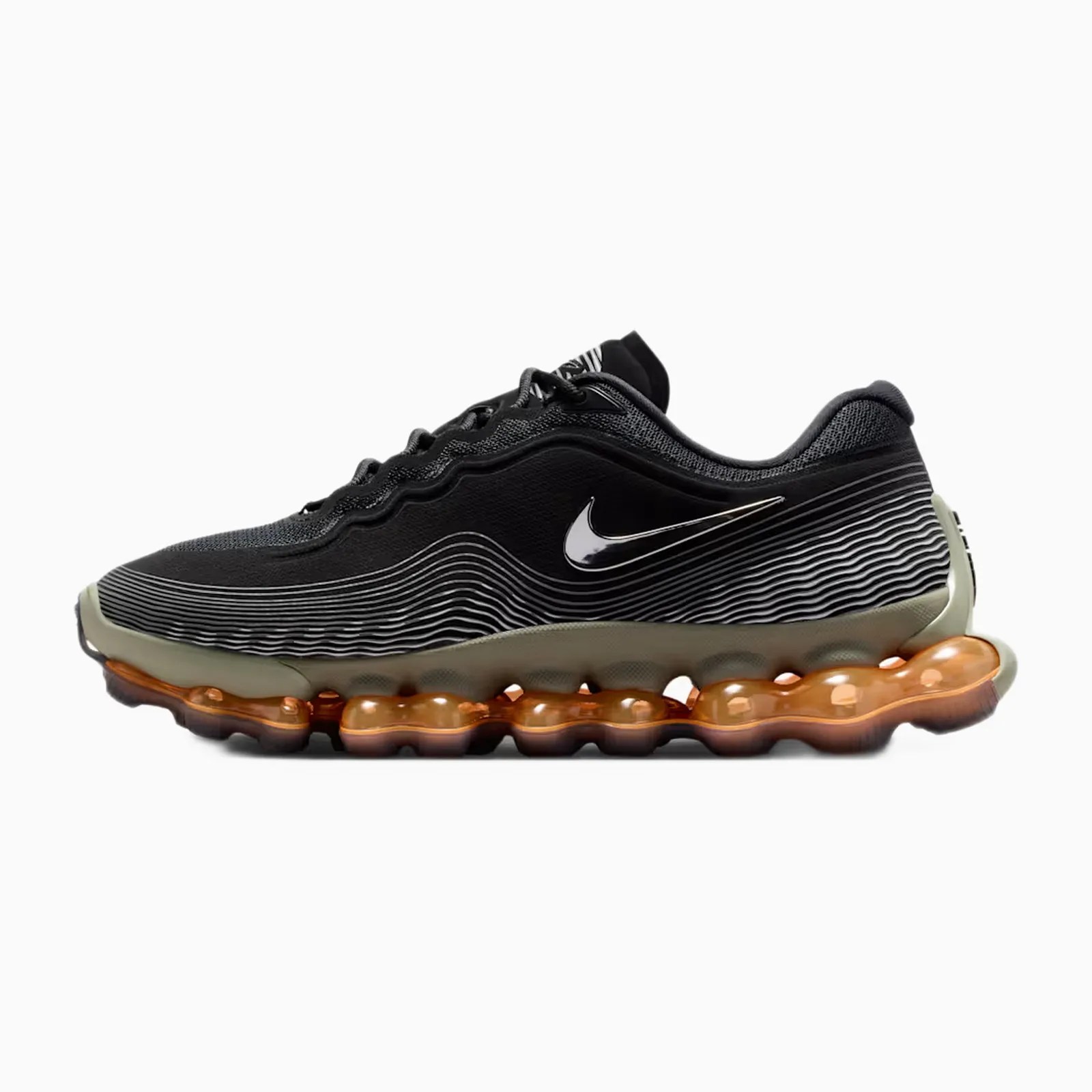 Black Nike sneaker with white wave patterns and orange bubble sole.