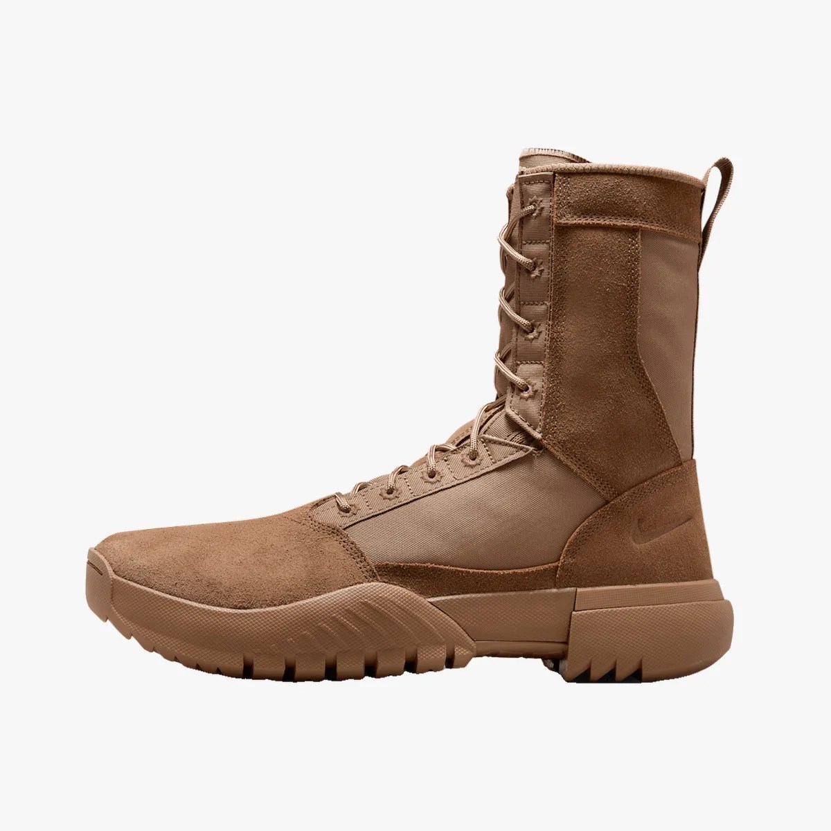 Tan high-top tactical boot with suede and fabric panels and a rugged sole.