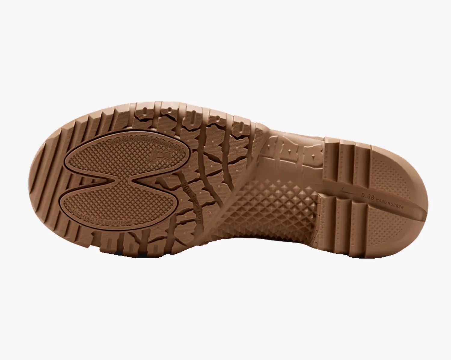 Brown rubber shoe sole with textured grip patterns and deep treads.