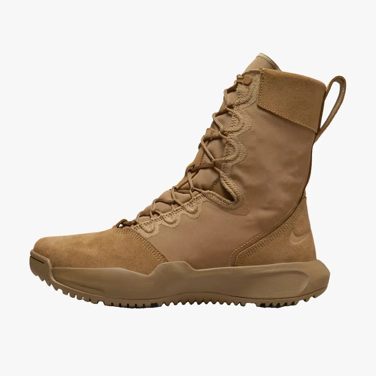 Tan high-top tactical boot with suede and fabric upper and rugged sole.
