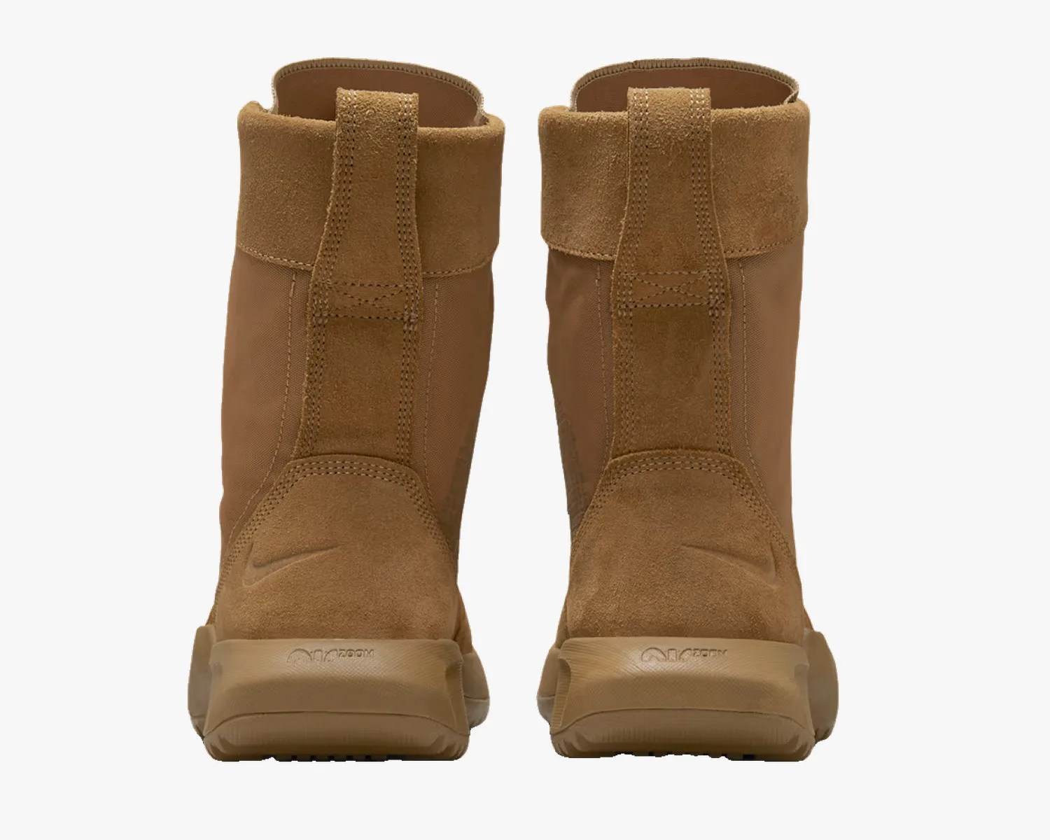Pair of tan suede and fabric boots with pull tabs and rubber soles shown from the back.