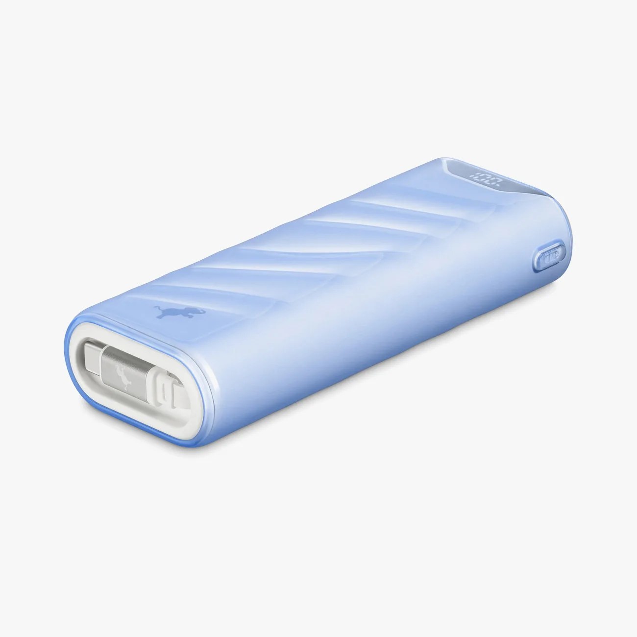 Light blue portable power bank with a built-in charging cable and a digital display on top.