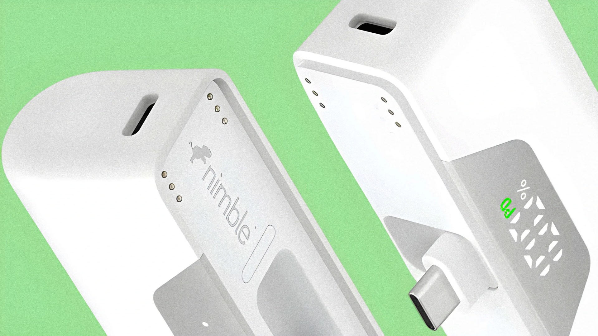 Two white Nimble USB-C power adapters with visible charging ports and LED indicators on a green background.