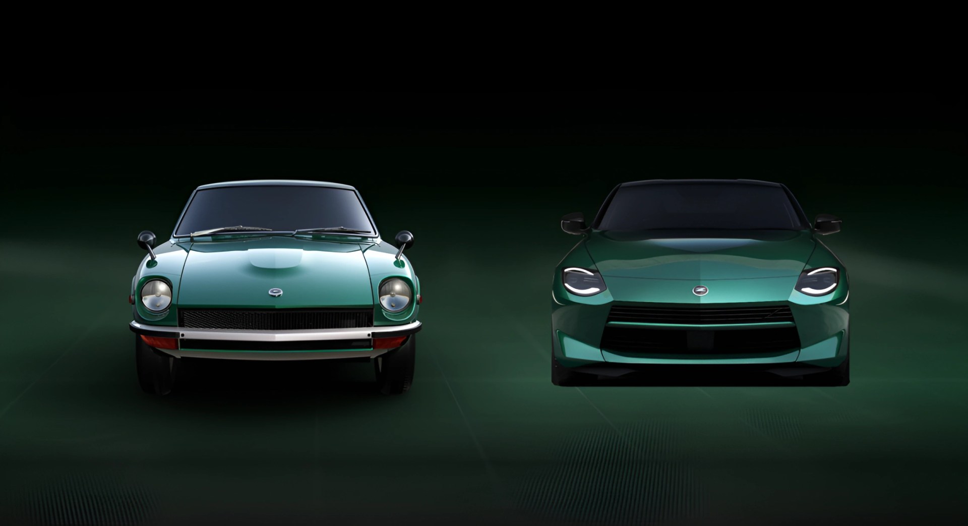 Two green sports cars side by side, one classic with round headlights and one modern with LED headlights, both facing forward.