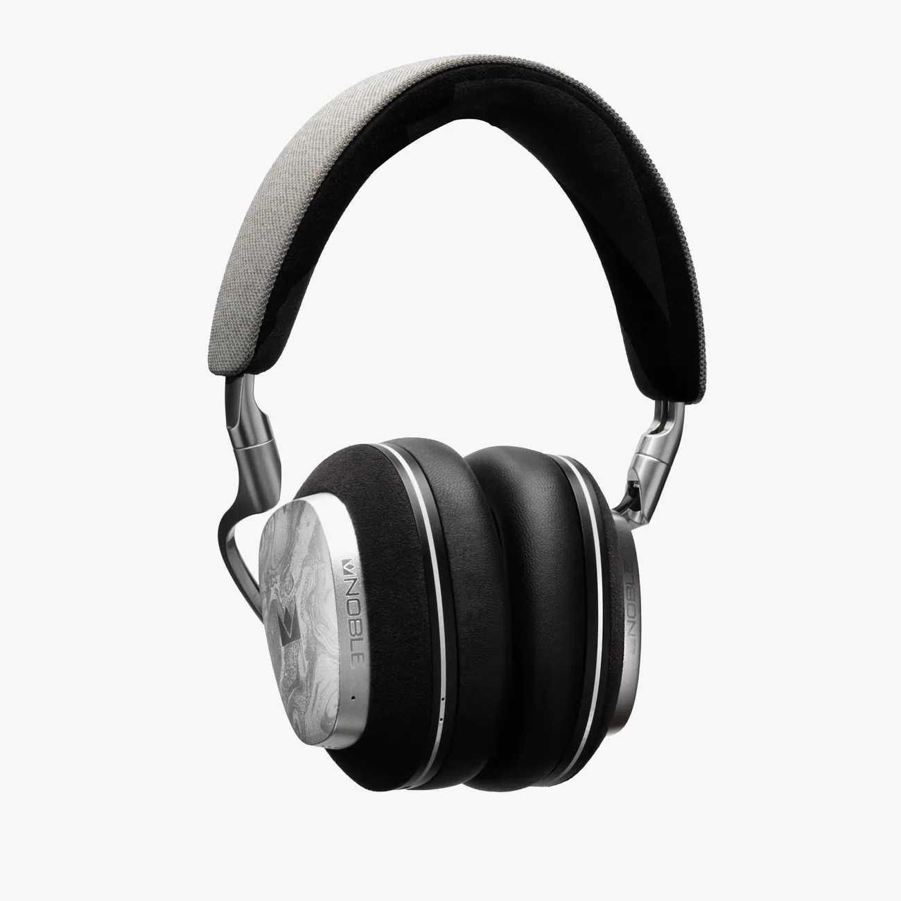 Over-ear headphones with black cushioned ear pads, silver metal accents, and a gray fabric headband.