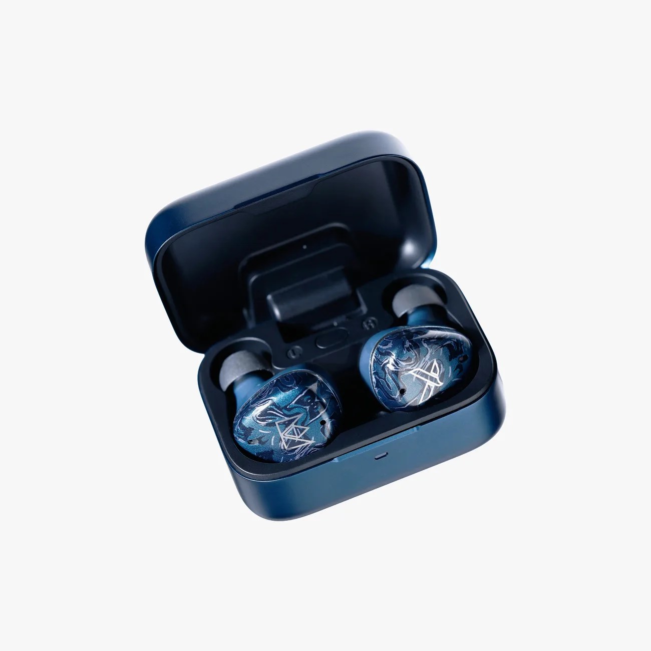 Blue wireless earbuds with abstract silver designs inside a matching blue charging case.