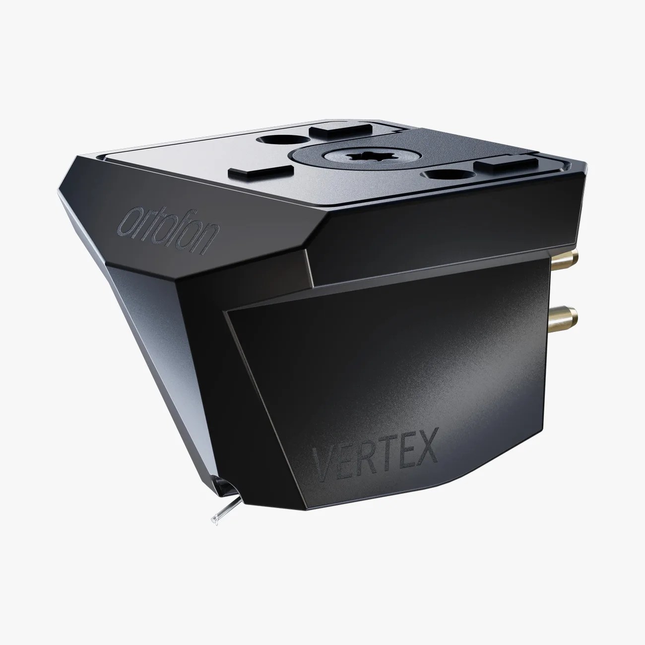Black Ortofon Vertex phono cartridge with angular design and gold connectors.