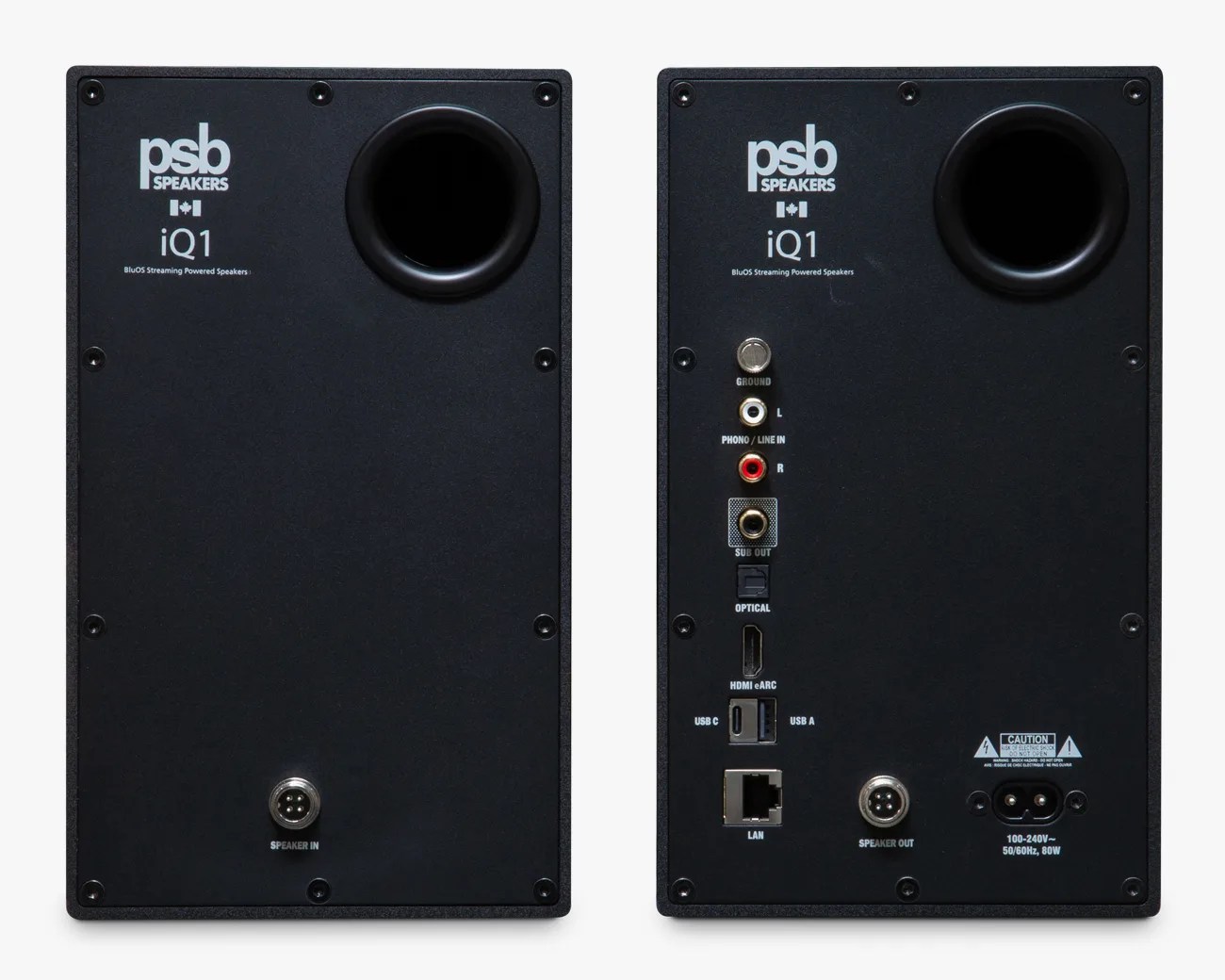 Back view of two black PSB Speakers iQ1 with ports including speaker in/out, phono/line in, sub out, optical, HDMI eARC, USB C/A, and LAN.