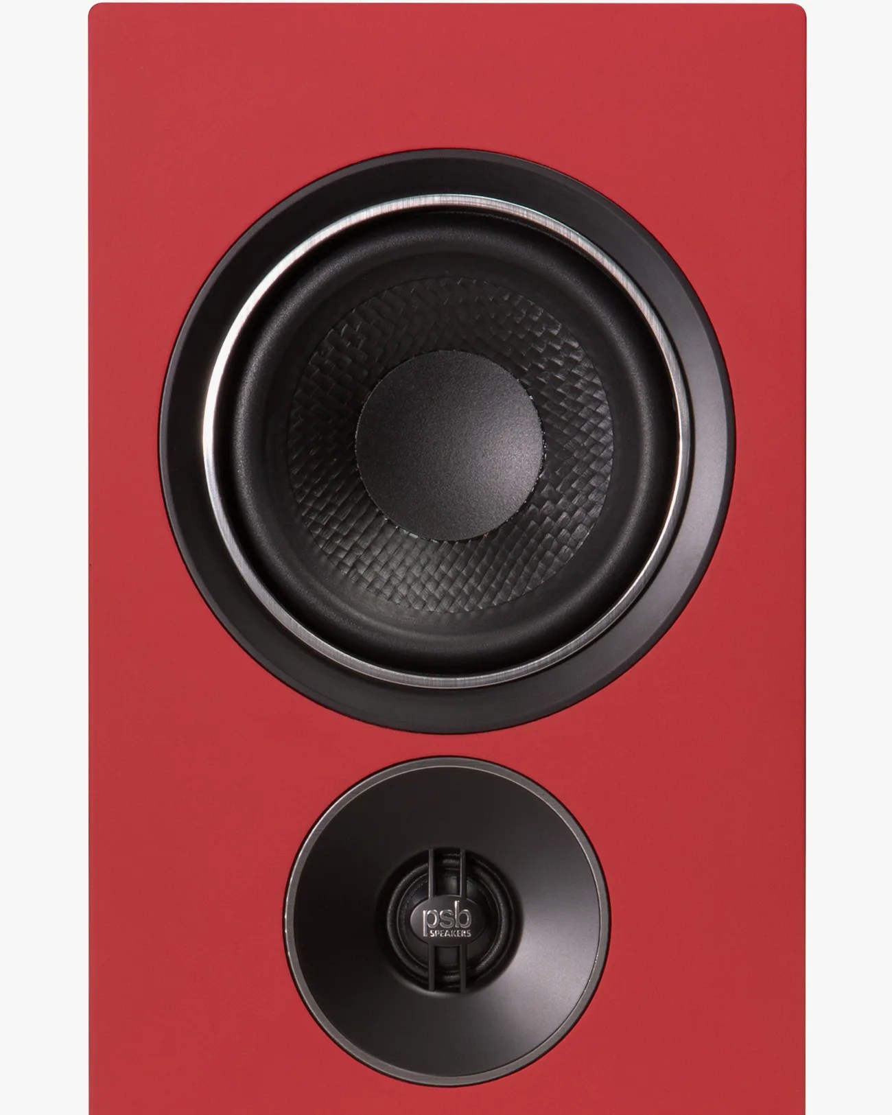 Close-up of a red speaker with a black woven cone woofer and a black tweeter labeled "psb speakers.