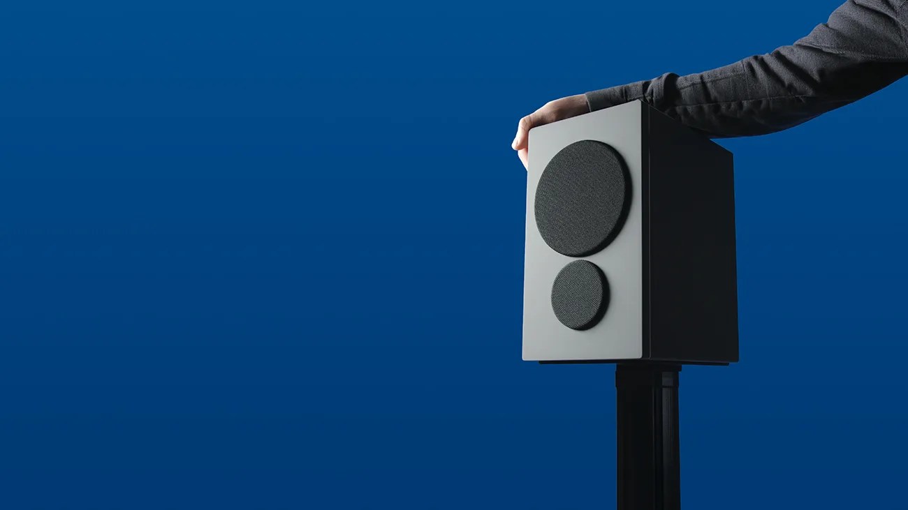 Gray rectangular speaker with two black circular drivers held by a hand against a blue background.