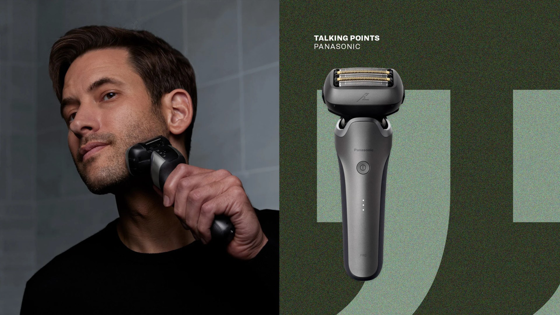 Man shaving with a black and gray Panasonic electric shaver next to a close-up of the shaver on a green background.