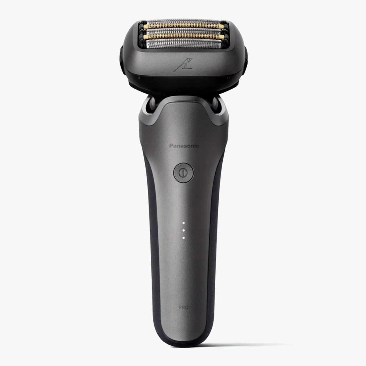 Matte gray and black Panasonic electric shaver with triple foil blades and power button on the front.