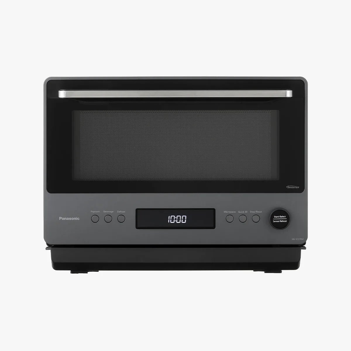 Gray and black Panasonic microwave oven with digital display and control buttons on the front panel.
