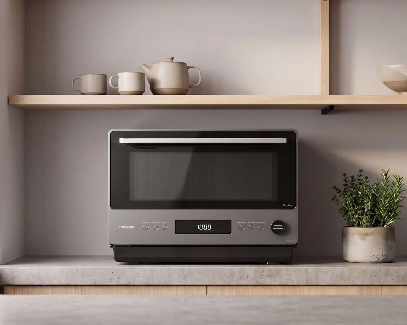 Gray Panasonic microwave oven with digital display on a kitchen countertop under a wooden shelf with ceramic teapot and cups.