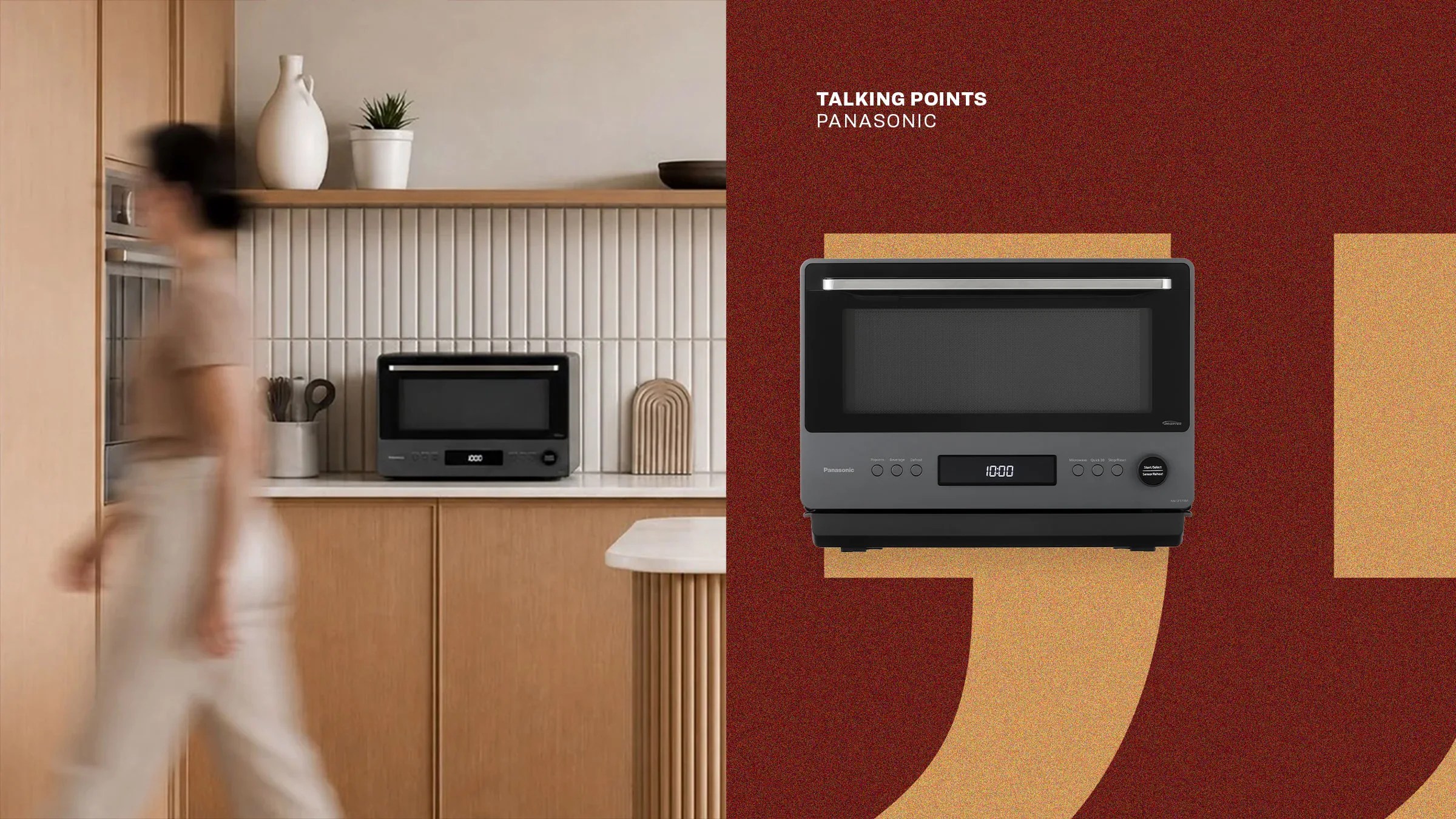 Black Panasonic microwave oven with digital display showing 10:00 on a kitchen counter and a close-up on a red background.